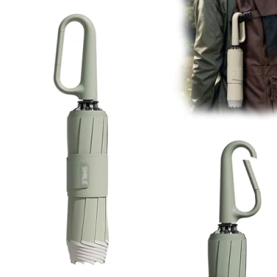 Immagine di QEOTOH Ring Buckle Umbrella, Auto Open Close Lightweight Compact Portable Windproof Travel Automatic Umbrella Folding with Carabiner Handle and Reflective Safety Strip (Green)