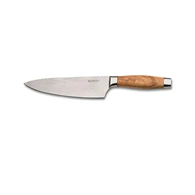 Immagine di Le Creuset Coltello da Chef, Lama in Acciaio Damasco 18,8 15 cm con Filo Liscio, Manico Legno d&#039;ulivo, Inox, Marrone,Argento, 98000315000200