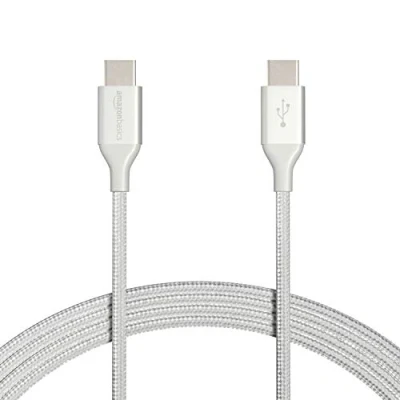 Immagine di Amazon Basics Cavo in nylon intrecciato da USB C a 2.0 ricarica rapida, velocità 480 Mbps, certificazione IF, per Apple iPhone 15, iPad, Samsung Galaxy, tablet, laptop, 3 m, argento