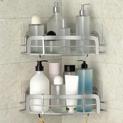 Immagine di STEUGO Mensola adesiva per doccia ad angolo doccia, con 4 ganci mobili, in acciaio inox SUS304, confezione da 2 WC, dormitorio, cucina