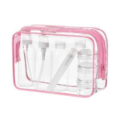 Immagine di MOCOCITO Borsa da Toilette Viaggio Trasparente con 8 Bottiglie Approvata Secondo le Regolamentazioni UE e UK sul Bagaglio a Mano Borsetta Trucco Zip(Rosa)