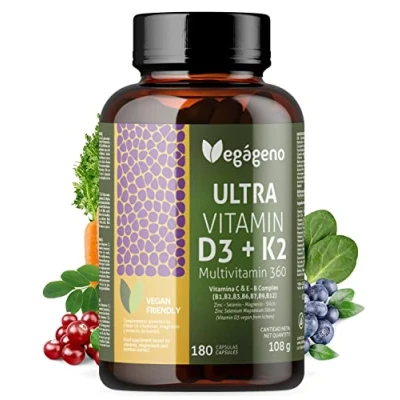 Immagine di ULTRA VITAMIN D3 e K2 180 Capsule Veg Multivitaminico con Vitamine C, B COMPLEX (B1,B2,B3,B6,B9,B12), Biotina, Acido Folico, Niacina, Tiamina. Mirenali: Zinco, Selenio, Silicio Magnesio.