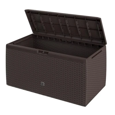 Immagine di Casaria® Baule da Giardino 117x47x60cm Aspetto Polyrattan 290L Box Multiuso Multibox Cuscini 6 Ruote Coperchio Esterno