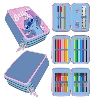 Immagine di Stitch Astuccio scolastico per bambini, colore: Rosa, chiusura a cerniera, 12,5 x 6,5 19,5 cm, triplo scomparto include accessori prodotto originale progettato in Spagna,