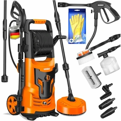 Immagine di Masko® Idropulitrice ad Alta Pressione 2200 Watt 165 Bar 450 l/h, con Bobina avvolgitubo da 10 m Tubo 9.TLG. Accessori Bottiglia di Sapone, Pistola per Auto