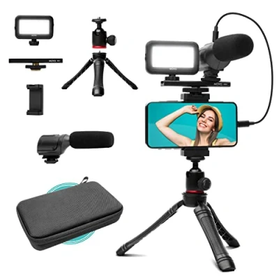 Immagine di Movo uVlogger Kit Vlogging Compatibile Android/USB C/iPhone 15: Treppiede per Telefono, Supporto, Luce LED, Microfono Shotgun Iniziale YouTube e Creatori di Contenuti