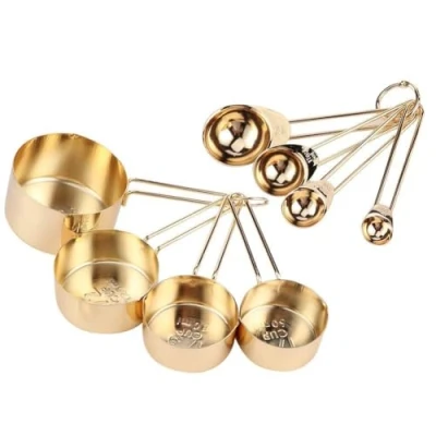 Immagine di HERCHR Set di 8 Misurini e Cucchiai in Acciaio Inox,Misurini Dosatore Set,Set a Tazza Cucchiai,Oro Misurare Tazze con Righello,Misurini Dosatori