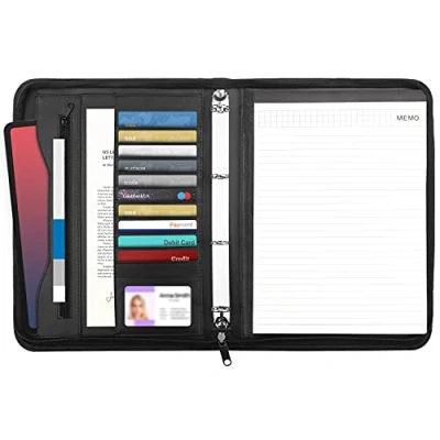 Immagine di Kurtzy Cartella Portadocumenti A4 con Cerniera in Ecopelle Nera Cartellina Porta Documenti per Conferenze Organizer ad Anelli Block Notes Tablet e Carte Portfolio