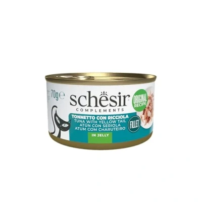 Immagine di Schesir, Filetti di Tonno con Ricciola in Gelatina, Lattina, Cibo Umido Complementare per Gatti,Ricetta Originale, 100% Naturale, Cruelty Free, 12 x 70g