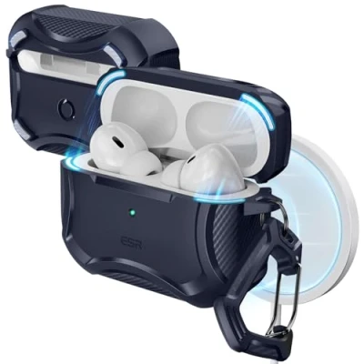Immagine di ESR Cyber Armor Custodia rigida con HaloLock compatibile AirPods Pro (2022/2019), MagSafe Ready, potente protezione contro le cadute, coperchio magnetico, blu navy