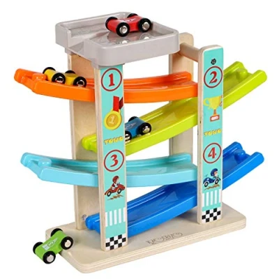 Immagine di TOWO Pista per Auto in Legno Rampa Click Clack con 4 Macchinine da Corsa Bimbi Parcheggio sul Tetto e Piste a Zig Zag Giocattoli di Bambini 1 2 3 Anni