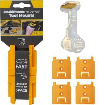 Immagine di StealthMounts Portautensili per DeWalt MAX + XR Flexvolt Supporti utensili elettrici 18v 20v 54v 60v Confezione da 4 Organizer attrezzi giallo