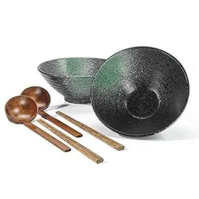 Immagine di Ciotola Ramen Giapponesi, 1000 Ml Zuppa Ciotole Ceramica Scodelle Combinazione with Legno Bacchette Cucchiaio 2 Set, For Insalata Cereali Pasta Frutta Noodle Riso Snack Udon (B)