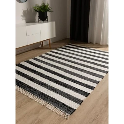 Immagine di benuta Tappeto in cotone Tom nero/bianco 70 x 120 cm da soggiorno tessuto a mano 100% riciclato Adatto per riscaldamento pavimento