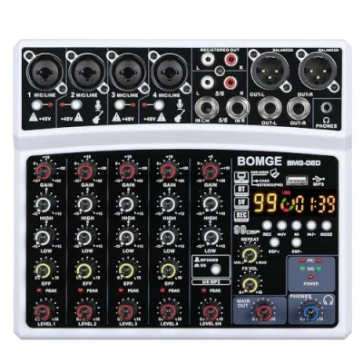 Immagine di BOMGE Mixer audio DJ a 6 canali con MP3, USB, Bluetooth, alimentazione phantom da 48 V, 16 effetti DSP Echo Console per live, musica, karaoke, podcast (Bianco)