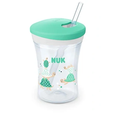 Immagine di NUK Action Cup tazza per bimbi 12+ mesi Coperchio con chiusura ad avvitamento e cannuccia morbida A prova di perdite Senza BPA 230ml tartaruga (turchese) 1 pezzo