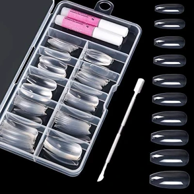 Immagine di 100 Pezzi Tip Unghie Finte con colla e Spingi Cuticole Ballerina Acrilico Professionali Tips Kit (Trasparente)