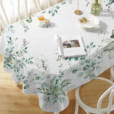 Immagine di Yighty tovaglia ovale verde salvia con foglie e fiori, 152 x 213 cm, stampa di foglie, impermeabile ad acquerello, adatta per interni ed esterni, cucina vacanze, ristoranti