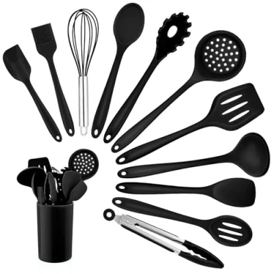 Immagine di Homikit set di utensili da cucina in silicone, 12 pezzi, nero, posate resistenti al calore, con porta utensili, sani e antiaderenti, lavabili lavastoviglie