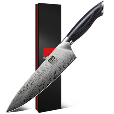 Immagine di SHAN ZU Coltello da Chef in Acciaio Inossidabile, Coltelli Cucina Giapponese 20cm Professionali ad Alto Contenuto di Carbonio Ultra Affilato Multiuso con Manico Full Tang Pakkawood