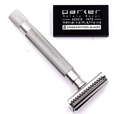 Immagine di Parker, THE SEMI SLANT, rasoio di sicurezza Double Edge e 5 ricariche per lame Parker Manico in ottone massiccio cromato satinato elettrolitico Offre una rasatura da barbiere a casa