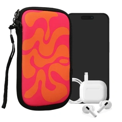 Immagine di kwmobile Custodia in Neoprene con Zip per Smartphone M 5,5&quot; Astuccio portacellulare a Sacchetto Cerniera Borsa Verticale Onda Astratta Fucsia/Arancione