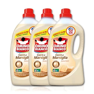 Immagine di Omino Bianco Detersivo Lavatrice Liquido, 156 Lavaggi, Rispetta Colori e Tessuti, Fresco Profumo con Essenza Cuore di Marsiglia, Bianco, 2600 Ml x 3 Confezioni