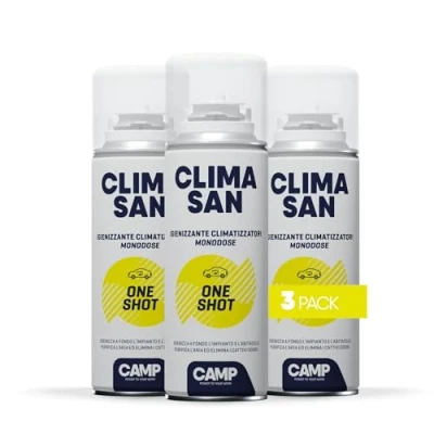 Immagine di CAMP CLIMASAN One Shot, Igienizzante monodose per climatizzatori d’auto, Igienizza a fondo impianto e abitacolo, Neutralizza i cattivi odori, 3 x 200 ml