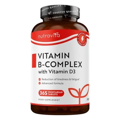 Immagine di Vitamina B Complex con D3 Alto Dosaggio 365 Compresse Vegetariane Fornitura per 1 Anno Complesso 8 Vitamine ad Alta in Compressa B1, B2, B3, B5, B6, B7, B9, B12 Nutravita
