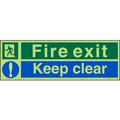 Immagine di Seco Fire Exit Man Running Left, Exit, Exclamation Mark, Keep Clear Sign, 300 mm x 100 vinile fotoluminescente autoadesivo