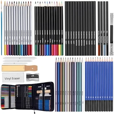 Immagine di MEIJMJIA YMTECH Set di 72 matite per schizzi, Schizzi e disegni arte professionale con matita grafite carbonio carta temperamatite gomma in un astuccio