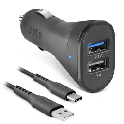 Immagine di SBS Kit caricatore auto 10 Watt Ricarica rapida con due porte USB e cavo C incluso