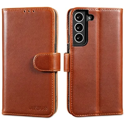 Immagine di Lensun Custodia per Samsung Galaxy S22, Cover in Vera Pelle [RFID Blocking] Libro con Portafoglio Chiusura Magnetico Flip Custodie Cuoio Telefono S22 5G Marrone Scuro