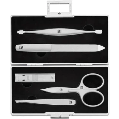 Immagine di ZWILLING Set manicure, 5 pezzi, custodia in alluminio per cura delle unghie e pedicure, inserto velluto con tagliaunghie compatto, premium, nero