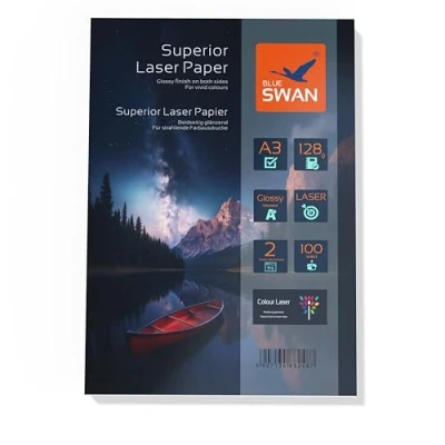Immagine di BLUE SWAN Carta Superiore Laser A3, 128gsm, Finitura Lucida su Entrambi i Lati, Alta Brillantezza dei Colori, 100 Fogli