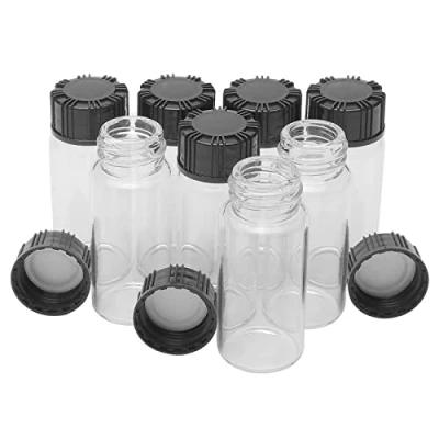 Immagine di Flaconi campione in vetro con tappo nero a vite plastica, fiale trasparenti da laboratorio, 10 ml, 8 pezzi