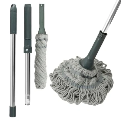 Immagine di Twist Mop, in microfibra con manico lungo e 2 teste per mocio, filo di cotone altamente assorbente, panno abrasivo antigraffio macchie ostinate, pulisce pavimenti laminato, legno
