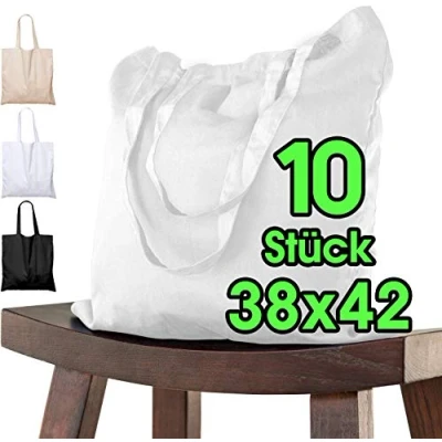 Immagine di ELES VIDA 10 borsa in cotone 38 x 42 cm, pezzi non stampati, manico lungo, tessuto, borsa, sacchetto, sacchetto di cotone, iuta Oeko Tex® certificato (bianco)