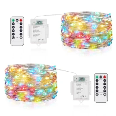 Immagine di Vacoulery Stringa Luci Led a Batteria, 5M 50 LEDs 8 Modalità Lucine Decorative IP65 Impermeabile con Telecomando, Timer e Dimmer per Interni Esterni, Natale, Feste (2 Pezzi, Multicolore)