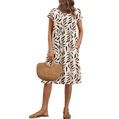 Immagine di AUSELILY Vestito Estivo da Donna a Maniche Corte Abiti Casual Larghi Abito al Ginocchio con Scollo Girocollo e Tasche