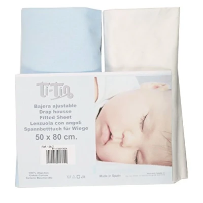 Immagine di Ti TIN Confezione Da 2 Lenzuola con Angoli per Culla 100% Cotone Set Di Elasticizzate Regolabili, 50x80 cm, 1 Bianca e Azzurra