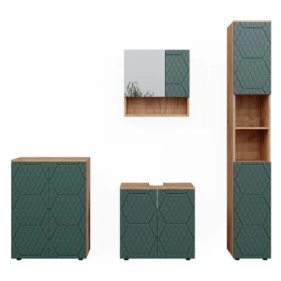 Immagine di Vicco set mobili bagno Irma, Quercia dorata/Verde, 4 pezzi, con colonna e cassettiera