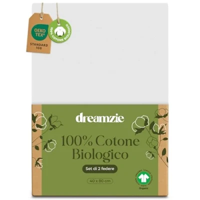 Immagine di Dreamzie 100% Cotone Biologico Federe Cuscino Letto 40x80 cm Set da 2 Bianco con Zip Oeko Tex