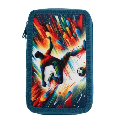 Immagine di Idena 20181 Astuccio Triplo con 3 Scomparti Cerniera, Design Calcio, per matite Pieno 47 Pezzi, Colore Blue, 20,7 x 12,5 6,2 cm,