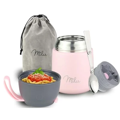 Immagine di Milu Thermo per Alimenti 300ml 440ml 450ml 650ml 800ml I Contenitore Termico di Acciaio Inossidabile, Isotermico Sottovuoto Cibi Caldi e Freddi (Rosa, 450ml)