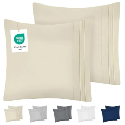Immagine di DREAMZIE Federe Cuscino Letto 65x65 (Set 2) in Microfibra con Motivo Ricamato OEKO TEX Certificazione Federa Cuscini Morbido Beige