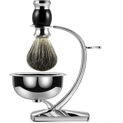 Immagine di GRUTTI Set da barba 3 in 1 Uomo, Pennello finto tasso + telaio ciotola barba, Porta Rasoio Compatibile con Manuale Gillette, Regalo per Rasatura Uomo