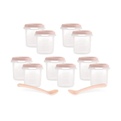 Immagine di Miniland Set 10 Hermisized Candy 200ml. Confezione da ermetici graduati (200ml) e due cucchiai, sicura, resistente adatta per lavastoviglie, microonde congelatore. Collezione Dolce.