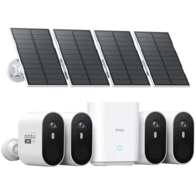 Immagine di AOSU 2K Telecamera Wifi con Pannello Solare, 4 Kit Wi Fi Esterno Senza Fili, Videocamera 166 Ultra Wide View, Permanent Power, Focus Camera, 32G Local Storage, Nessun Canone Mensile