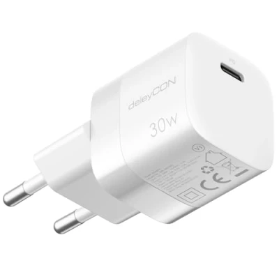 Immagine di deleyCON Caricabatterie USB C (Caricatore Rapido Compatto 30W) Alimentatore per Apple iPhone 16, 15, Pro, Pro Max, iPad, Airpods 4, Watch, Samsung Galaxy S24/S23, Cellulare Bianco